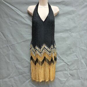 Vintage Niteline by Della Roufogali Black Gold Beaded Fringe Cocktail Dress